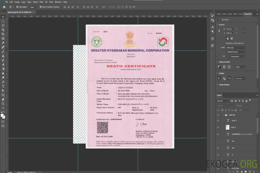 Modèle de certificat de décès en Inde au format PSD, entièrement modifiable template Modèle de certificat de décès en Inde au format PSD, entièrement modifiable template